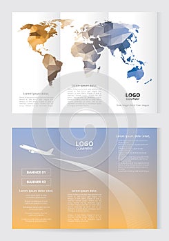 Brochure template size A4 3 Fold 2 Side low polygon world map orange and blue color