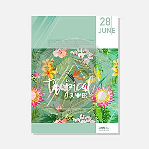 Brochure Template. Tropical Palms Summer Graphic Background, Exotic Floral Banner, Invitation, Flyer or Card. Modern Front Page