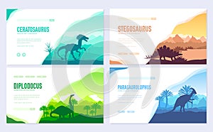 Brochures with set of primitive dinosaurs. Carnivorous predator animals before BC. Template of flyear, web banner, ui