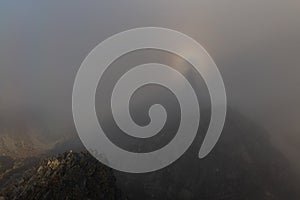 A Brocken spectre, Brocken bow, mountain spectre, spectre of the Brocken. Tatra Mountains, Slovakia