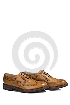Brogue Derby Shoes of Calf Leather with Rubber Sole In One Line Over Pure White Background