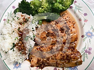 Broiled Pink Salmon Teriyaki With Cilantro Rice and Broccoli