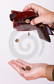 Broke businessman with empty purse and polish coins