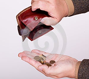 Broke businessman with empty wallet and polish coins