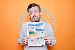 Broke indebted man showing poor credit score rating