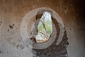Broken adobe wall with tree visible through irregular hole in rural Cocula