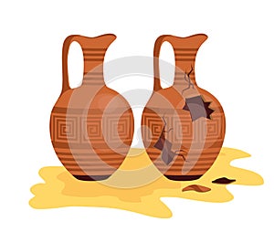 Broken ancient amphora icon with two handles. Old traditional vintage pot. Antique clay vase jar. Ceramic jug