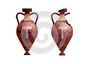 Broken ancient vases. Ceramic archaeological pot. Antique traditional clay jar for wine. Vector cartoon illustration.