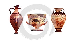 Broken ancient vases. Ceramic archaeological pot. Antique traditional clay jar for wine. Vector cartoon illustration.