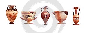 Broken ancient vases. Ceramic archaeological pot. Antique traditional clay jar for wine. Vector cartoon illustration.