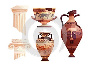 Broken ancient vases and Greek columns. Ancient Roman pillar. Ceramic archaeological pot. Antique traditional clay jar