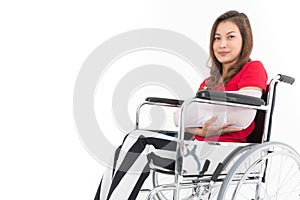 Broken arm Asian woman with arm sling sponsored in her hands sit