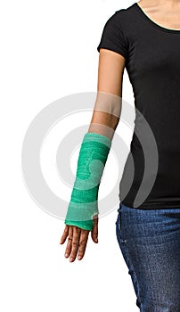 Broken arm with green cast on white background