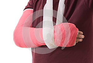 Broken arm in red plaster cast and sling