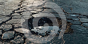 Broken asphalt road with potholes and cracks close-up