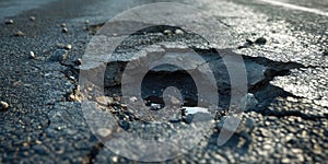 Broken asphalt road with potholes and cracks close-up