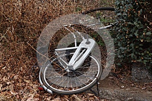 Broken bicycle discarded on the field