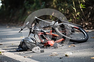 Broken bicycle on the road. Accident in the road. Bicycle crash road accident with broken bike and helmet, AI Generated