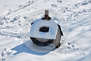 Broken bird house fallen on the ground in fresh snow, on bright sunny Winter day. Close up