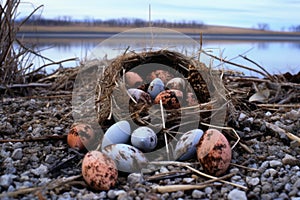 broken birds eggs near a displaced nest on the ground