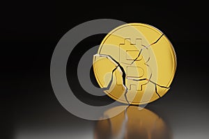 Broken Bitcoin on dark background with copy space. Cryptocurrency crash concept. 3d illustration
