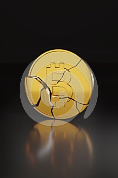 Broken Bitcoin on dark background. Cryptocurrency crash concept. 3d illustration