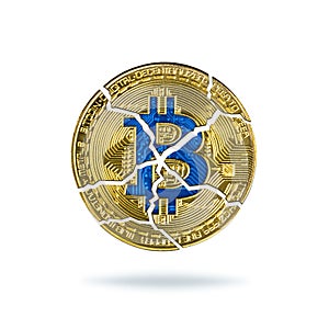 Broken bitcoin isolated on white background. Fall in exchange and decrease of value cryptocurrency