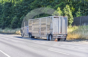 Broken blue big rig semi truck with an open hood stands out of the road with emergency stop signal with semi trailer for