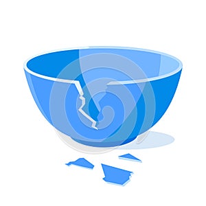 Broken blue bowl flat style design vector illustration isolated on white background.