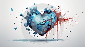 Broken blue heart in pieces. Breakup concept separation and divorce. Blue