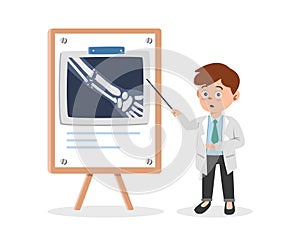 Broken bone x ray clipart cartoon style. Doctor showing x ray image to broken arm patient flat vector illustration hand drawn