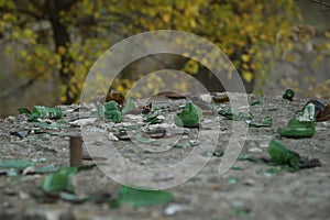 Broken bottle glass on concrete surface