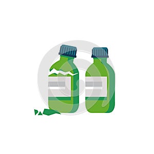 Broken bottle glass of medicine isolated on white background. Vector illustration. Broken and undamaged bottle bottles. photo