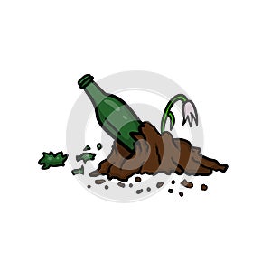 A broken bottle in the ground pollutes the environment and destroys plants.