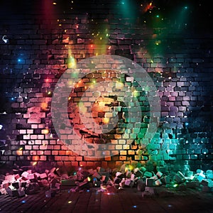 Broken brick wall background with colorful lights