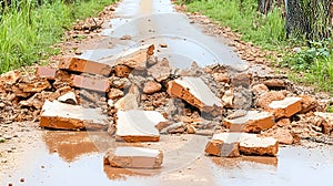 Broken Bricks on Wet Road