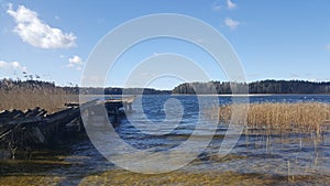 A broken bridge by the lake surrounded by a forest