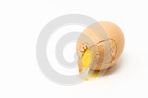 Broken brown egg on the white surface.