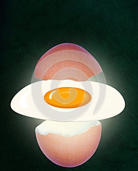 Broken Brown Eggshell With Floating Fried Egg on Chalkboard Background