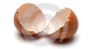 Broken brown eggshells on white background