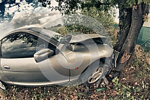 Broken Car After an Accident against a Tree