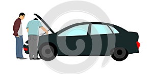 Broken car accident on road. Car with open hood. Mechanic assistance to customer. Auto service and repair center. diagnostic.