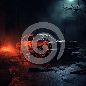 Broken car in the night apocalyptical scenario