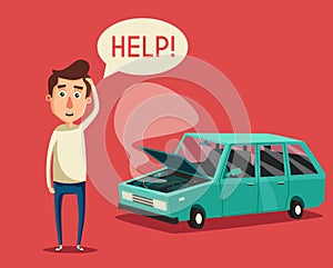 Broken car. Vector cartoon illustration. Need help