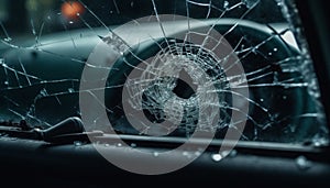 Broken car window reveals shattered glass in dark crime scene generated by AI