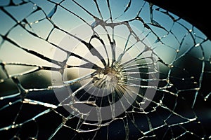 Broken car windshield, damaged glass with traces of oncoming stone on road. Generative AI