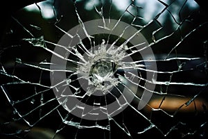 Broken car windshield, damaged glass with traces of oncoming stone on road. Generative AI