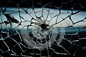 Broken car windshield, damaged glass with traces of oncoming stone on road. Generative AI