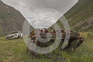 Broken cars near the pass Katu-Yaryk in the Altai Republic, Russ