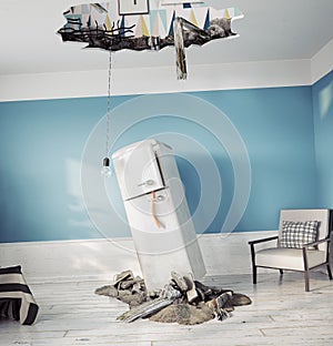 broken ceiling and falling refrigerator